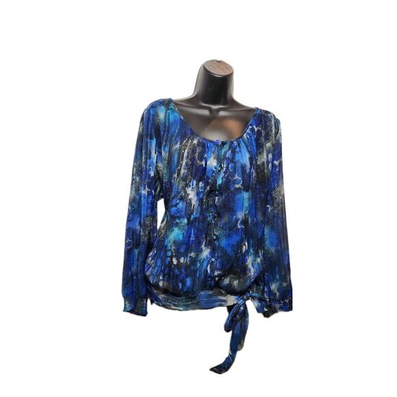 Women's Roz and Ali 18-20 Long Sleeve Tie Waist Scoop Neck Ruffled Flowing Blue - Picture 15 of 16